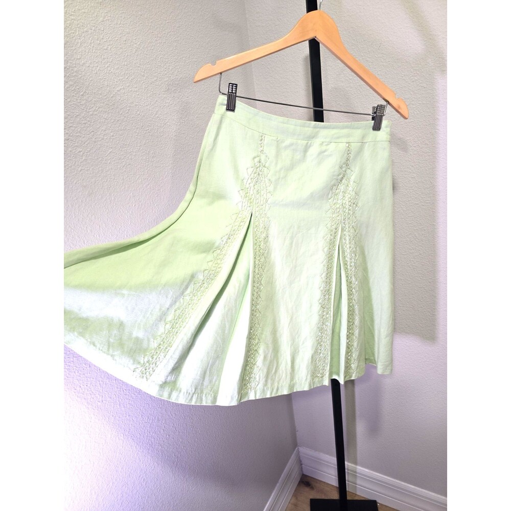 French Vintage MAP Green Linen Cotton Pleated Beaded Skirt 5 A Line Pastel Date
